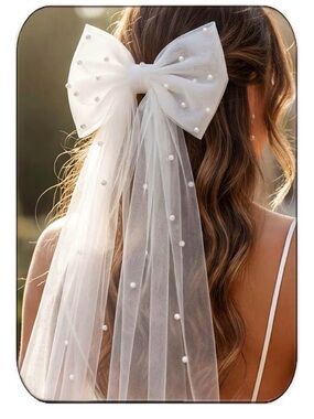 White Pearl Embellished Tulle Bow Hair Clip Bachelorette Veil